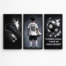 Quadro decorativo 3 peças Jogador Futebol com nome decoração quarto de menino