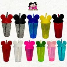 KIT COM 5 COPOS BOLHA  MICKEY ORELHA COM TAMPA E CANUDO 500ML FESTA -ANIVERSARIO-LEMBRANCINHA