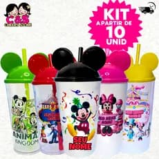 Kit APARTIR de 10 Copos Bolhas PERSONALIZADO Com Tampa Orelha Mickey e Canudo 500 ML