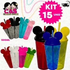 Kit 15 copos  Bolha Com Tampa Orelha Mickey e Canudo 500 ML