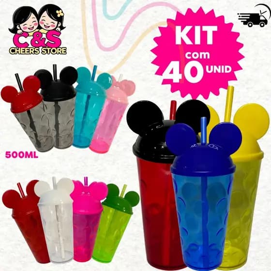 Kit 40 Copos Bolhas Com Tampa ORELHA Mickey e Canudo 500 ML Festa