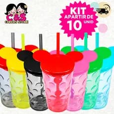 Kit apartiir de 10 Copos Com Tampa Mickey Liso e Canudo 500 ML Festa