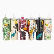 Copo Térmico Alça e Canudo, Estampado Fauna Passaros- 1200ML