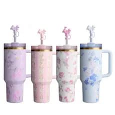 Copo Térmico Floral com Canudo 1200ml e protetor de silicone
