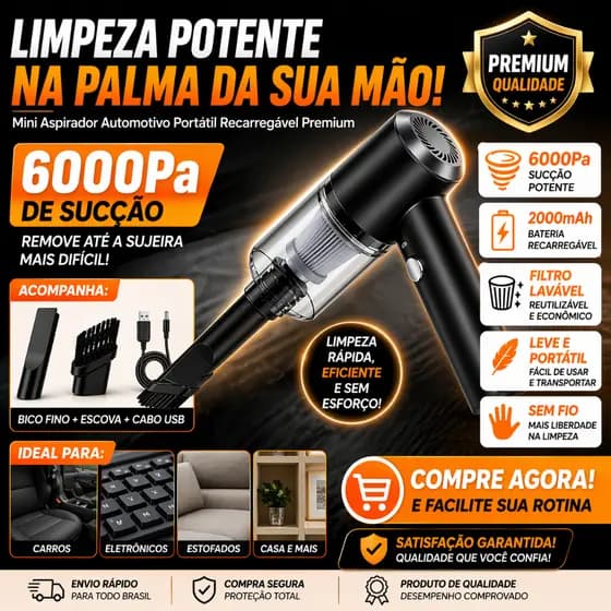 Aspirador Automotivo Portátil Sem Fio Potente Recarregável USB Mini Aspirador Carro Premium