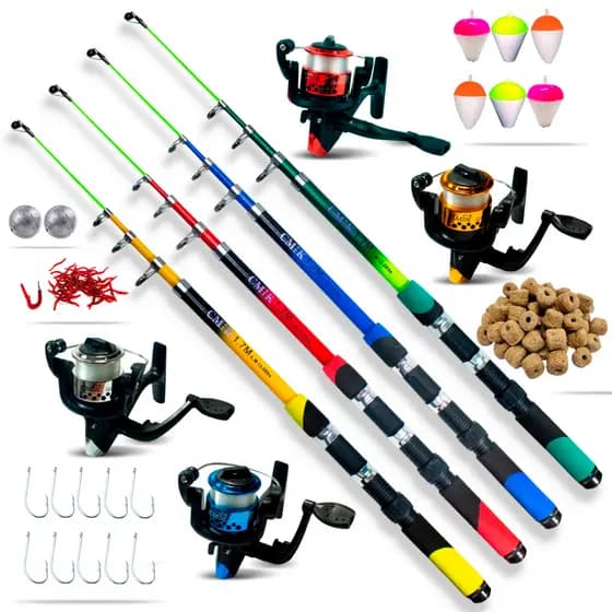 Kit Pesca Vara Telescópica 1,70M + Molinete com Linha + Iscas Artificiais + Anzol Chumbo Boias