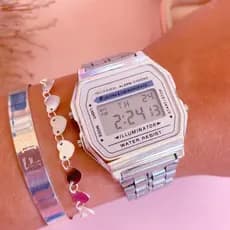 Relógio Retrô Wr Unissex Prata Fundo Branco Preto Digital Led Vintage Feminino