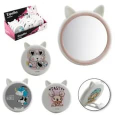 ESPELHO DE BOLSA REDONDO GATINHO COM APOIO 8X7CM PORTÁTIL