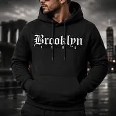 Moletom Brooklyn 1986 Canguru com Capuz Estampado Unissex Blusa de Frio Algodão Premium Streetwear Preto Inverno