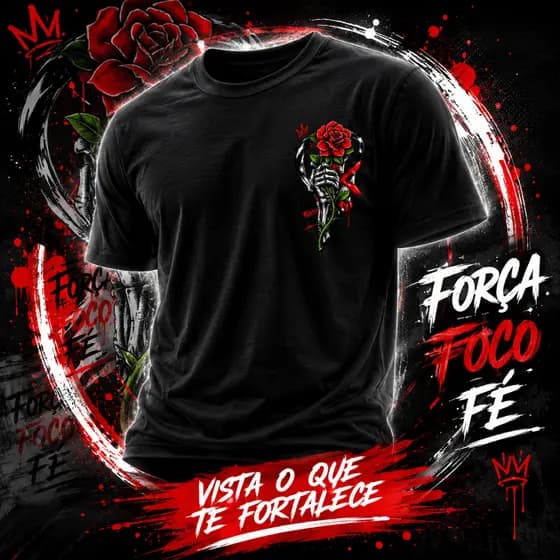 Camiseta Força Foco Fé Algodão Premium Cristã Gospel Masculina Estampada Streetwear Unissex Rosa Caveira