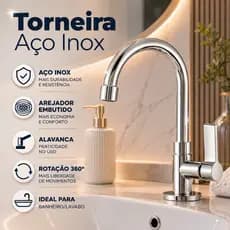 Torneira para Pia de Banheiro Bica Alta Inox Cromada 1/4 Volta Arejador Embutido Metal Alavanca Premium Luxo