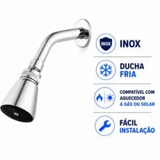 CHUVEIRO INOX ARTICULÁVEL DUCHA FRIO JATO FORTE ECONÔMICO P/ USO C/ AQUECEDORES À GÁS E/OU SOLAR TUBO INOX