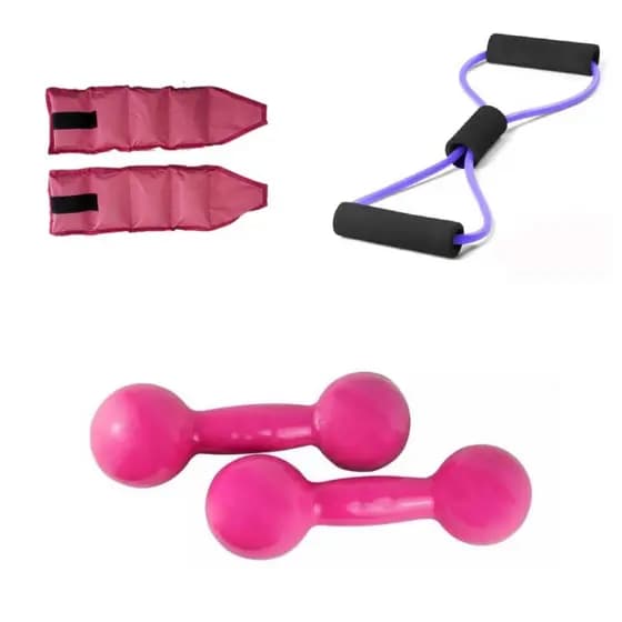 Kit Fitness Caseiro: Extensor Multifuncional + Caneleira Rosa 2kg + Halteres Redondos 2kg