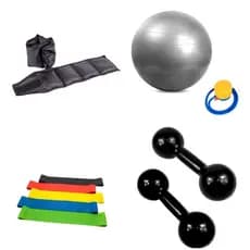 Kit Fisioterapia Completo: Halteres 2kg Preto + Caneleira 2kg + Bola Pilates + Mini Band