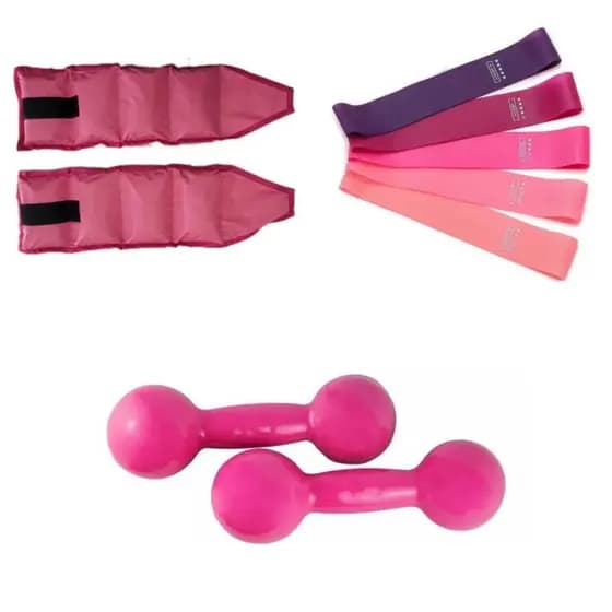 Treino Completo Profissional: Caneleira 3kg + Halter 3kg + Mini Band Rosa