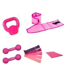 Agachamento e Kettlebell 6 kg + Caneleira 3 kg + Halter Rosa  3 Kg + Colchonete + Elastico Rosa Band