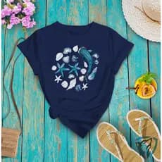 Camiseta Feminina Estampada Oceano Golfinho Conchas E Estrelas - Camisa 100% em Algodão - Envio Imediato - NB the Shirt