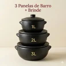 Panela Barro Capixaba Preta- Conjunto C/ 3 peças-Moqueca-Arroz-Ensopados/Retém Calor/Fogo Gás/Fogão Lenha