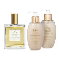 Kit Lily Acetinados: Shampoo 250ml + Condicionador 250ml + Óleo Corpo e Cabelo 50ml