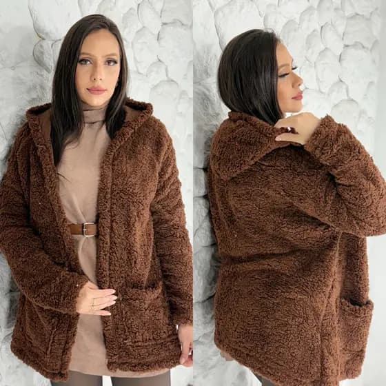 Casaco Sobretudo Teddy Com Capuz e Bolso Inverno Jaqueta Feminina Quentinha Manga Longa