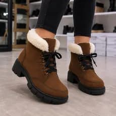 bota de sherpa pelo lã camurça tratorada com cadarço estilosa frio 2026 confortável marrom preto feminina botina peluda