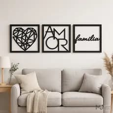Kit 3 Quadros Decorativos MDF Preto ou Cru – Coração • Amor • Família