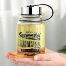 Garrafa de vidro para água, suco, chá boca larga com tampa inox 380ml + Camisinha de BRINDE