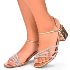 Sandália Casual Feminina Salto Grosso 5CM Tiras De Strass Brilho Fivela Moda