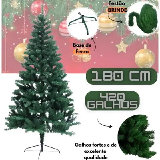 Árvore De Natal Verde Pinheiro 1,80M Decoração 420 Galhos Luxo Pés De Metal Enfeites Natalino Premium