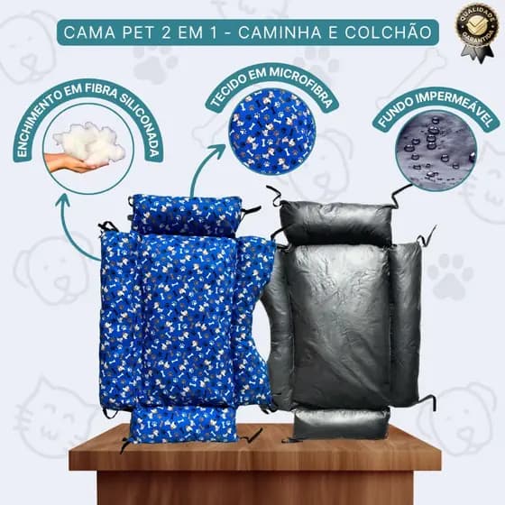 Caminha de cachorro | cama pet | 2x1: Colchão + Cama| 60X90X19cm |Confortável|Fibra Siliconada|Microfibra|Impermeável