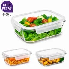Kit 3 Potes Hermético Vidro 640ml Marmita Fitness Tampa 4 Travas Para Microondas e Freezer