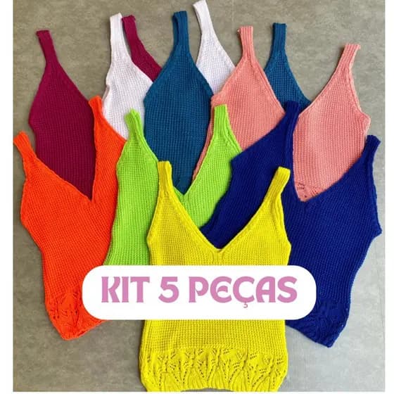 KIT 5 PEÇAS Regata Tricot feminina detalhes na barra cropped moda blogueira verão tricô