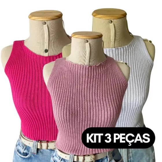 Super Kit 3 Peças Top Cropped canelado tricot tricô feminino básico moda blogueira verão combo