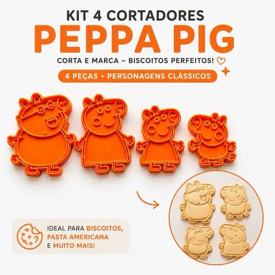 Kit Cortadores Peppa Pig para Biscoitos  4 Peças para Massa, Doces e Pasta Americana