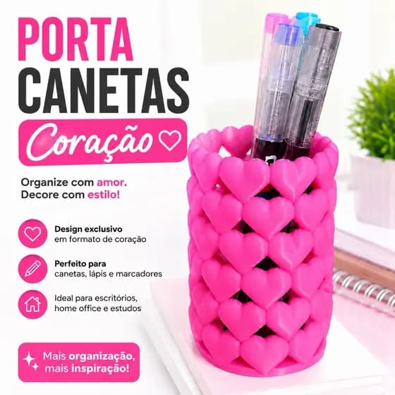Porta-lápis, Porta-caneta, Porta-Pincel Decorativo de Coraçã