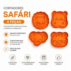 Kit Cortadores Safari para Biscoitos 4 Peças Animais para Massa, Doces e Pasta Americana