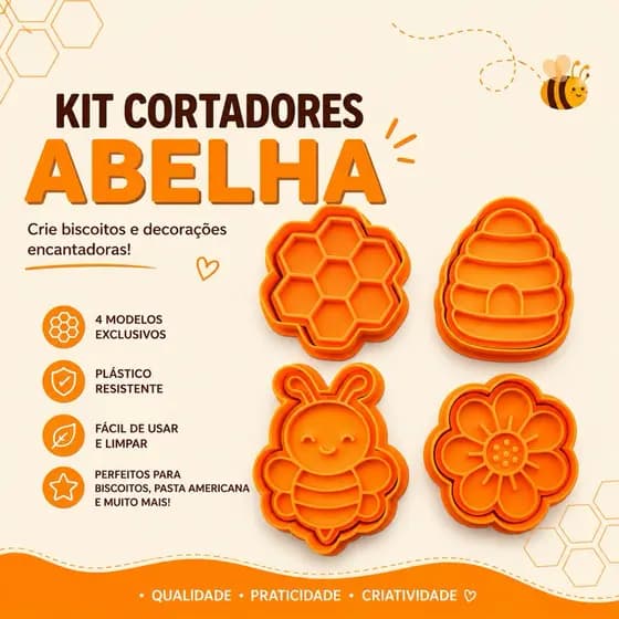 Cortadores de Biscoito Tema Abelha 4 Peças Moldes para Confeitaria e Pasta Americana