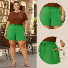 Short Plus Size Feminino Verão Leve e Fresco Cintura com Elástico E e Bolsos