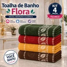 Kit 4 Toalhas Banho 100% Algodão Flora Macias Alta Absorção 75x140cm Melhor Custo