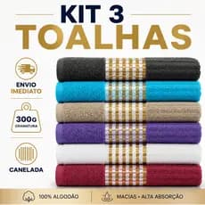 Conjunto 3 Toalhas de Banho Textura Canelada 70x140 100% Algodão Macia Alta Absorção