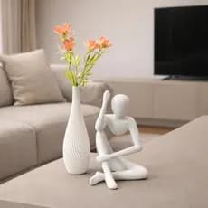 KIT DECORAÇÃO MINIMALISTA BONECO PENSADOR + VASO DECORATIVO MODERNO COM PLANTA ARTIFICIAL
