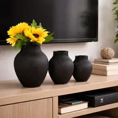Kit 3 Vasos Decorativos Pretos Canelados | Moderno | Sala, Estante e Mesa