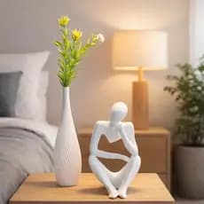 Kit Decoração Sala Boneco Pensador + Vaso Moderno com Planta Artificial Preto ou Branco