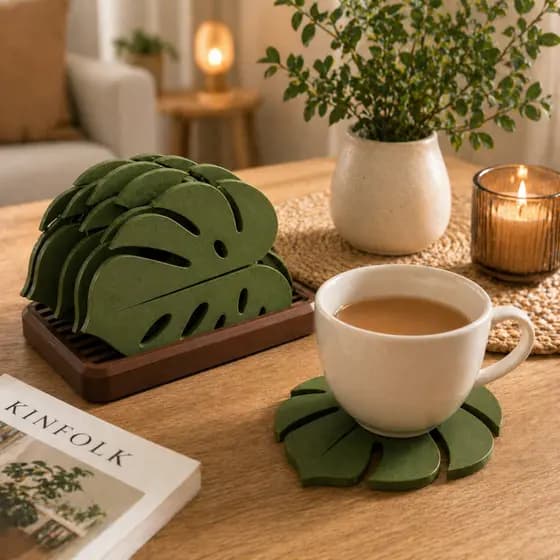 Kit Porta Copos Folha Monstera 6 Peças com Suporte Decorativo Antiderrapante Premium