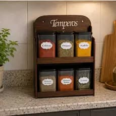 Porta Temperos  Parede e Mesa Mdf Marrom 06 potes Tempero Mantimentos Condimentos