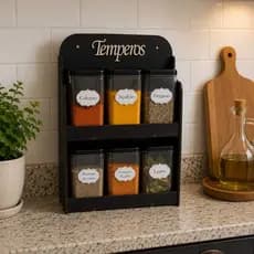 Porta Temperos 6 Potes Parede Mesa Mdf Preto Tempero Mantimentos Condimentos