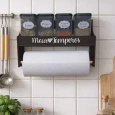 Porta Temperos de Parede com Suporte de Papel Toalha Mdf Pintado em Marrom 04 Condimentos Mantimentos