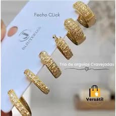 Conjunto Trio Argolas Cravejados Banhado A Ouro 18K e  Elegante e Atemporal