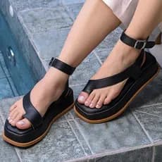 Sandália Feminina Salto Plataforma Plana Casual Ana Lu Preta Caramelo Off Leve Macia Forrada