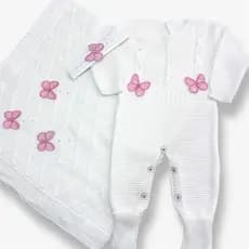 Saída Maternidade Menina Borboletas - Macacão Virapé, Faixa e Manta Opcional- Tricô Jardim Encantado